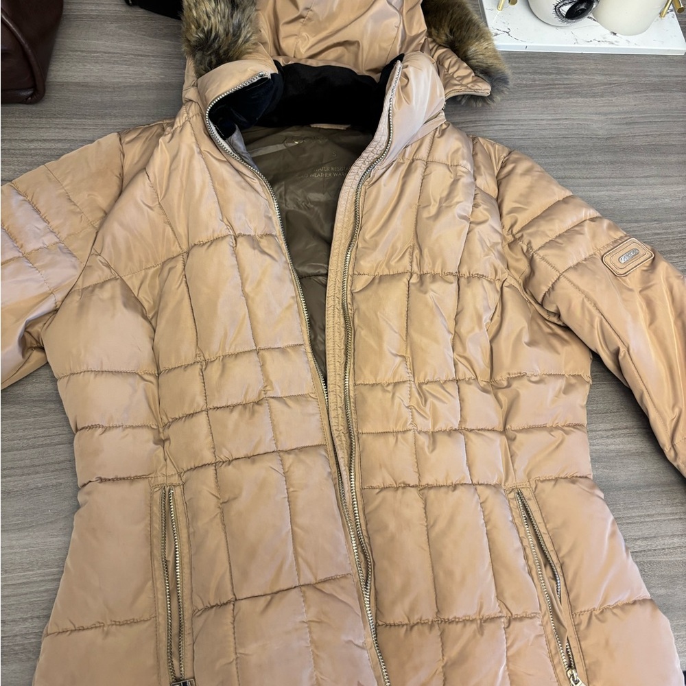 Calvin Klein Beige Puffer Jacket with Fur Hood